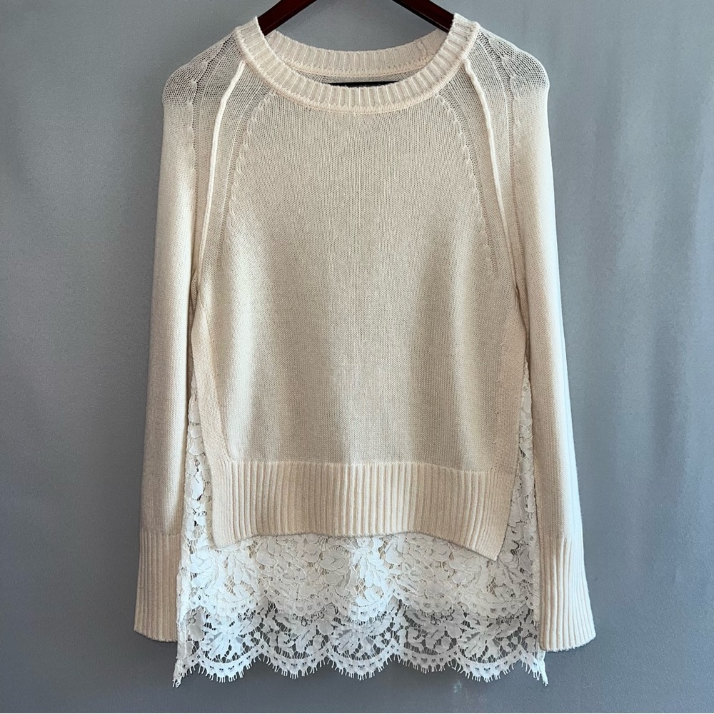 Brochu Walker Cream Knit Sweater with Lace Underlay